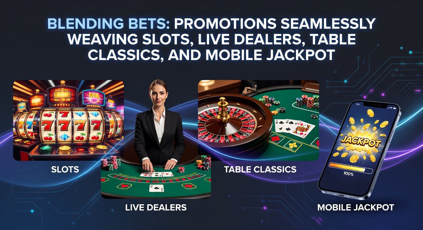 Mobile phone screen displaying a unified promotion dashboard with slots, live dealers, table games, and jackpot progress bars interconnected