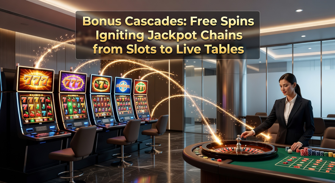 Dynamic graphic showing free spins exploding on a slot machine, with golden chains linking to a bustling live dealer roulette wheel and jackpot counters