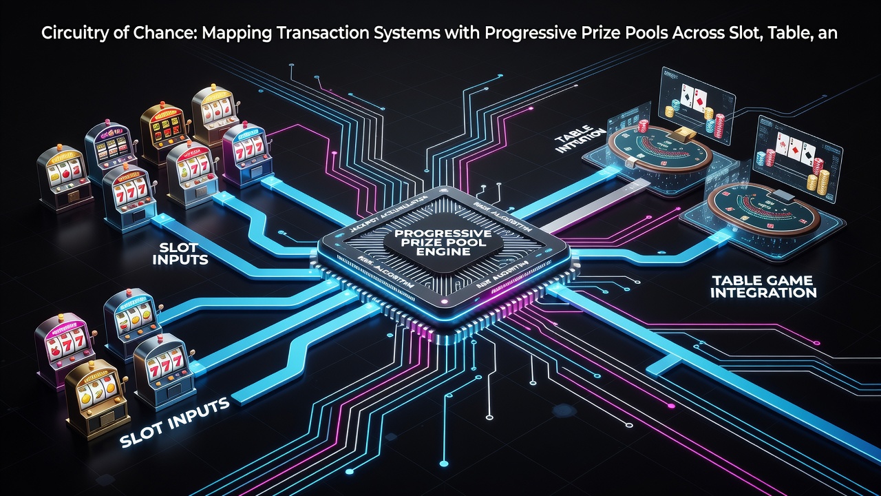 Flowchart illustrating progressive prize pool contributions moving from live dealer tables to central servers and then to player accounts across multiple formats