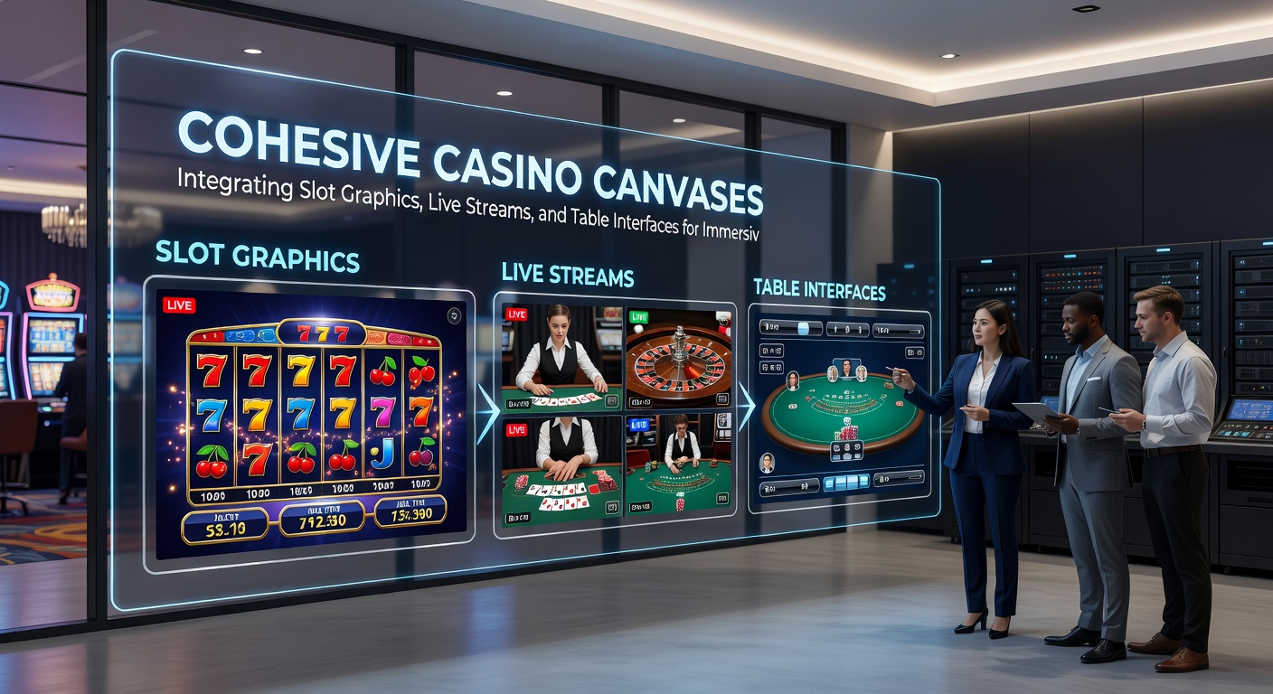 Close-up of integrated casino canvas showing live dealer at a blackjack table with overlaid slot graphics and interactive betting interfaces