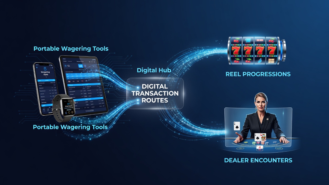 Illustration of funds moving between mobile interfaces, slot reels, and live dealer tables