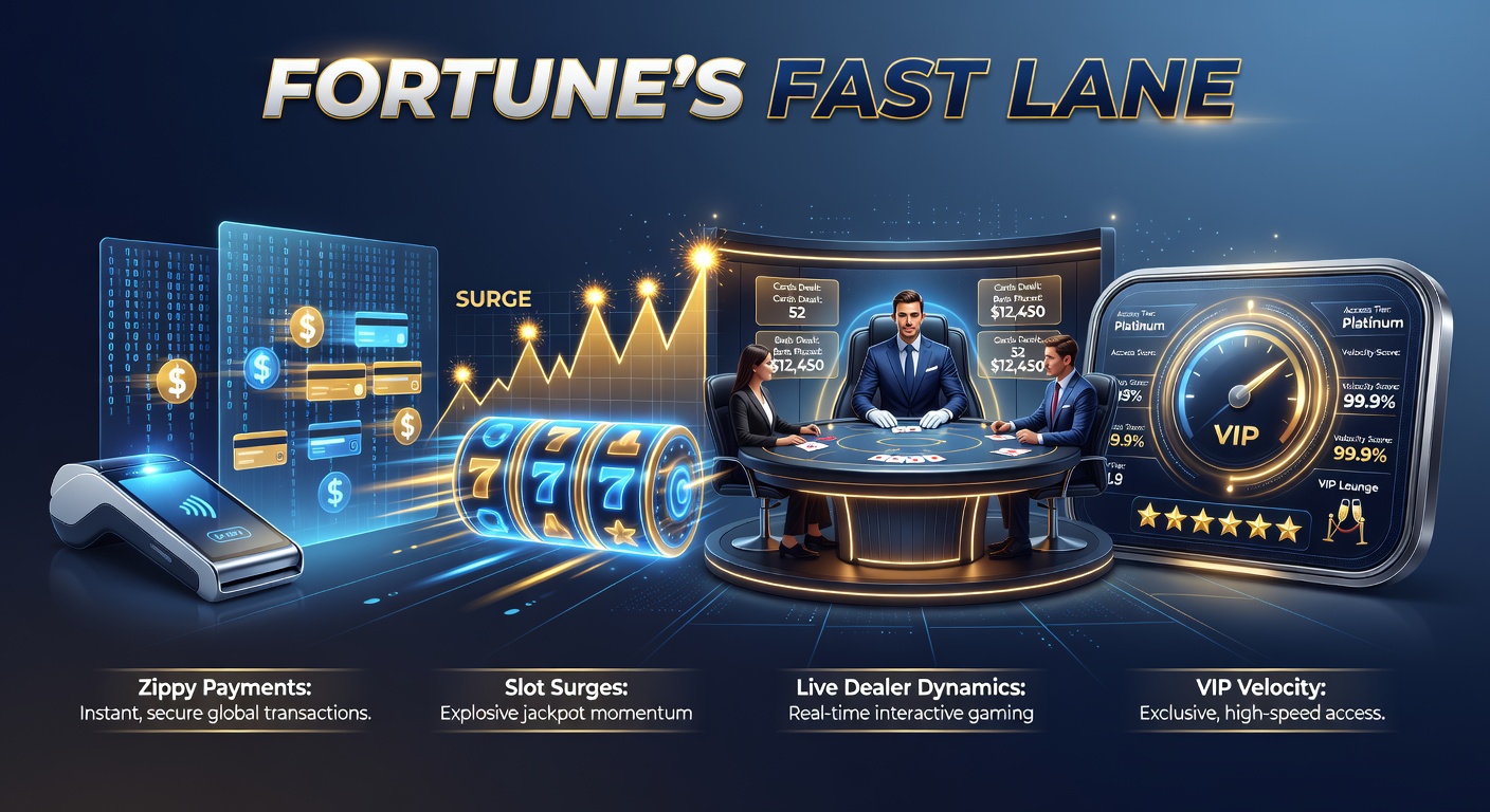 Vibrant scene showing slot reels bursting with jackpot surges, live dealer tables buzzing with player chats, VIP lounges unlocking high-speed perks, and payment icons zipping through a futuristic fast lane