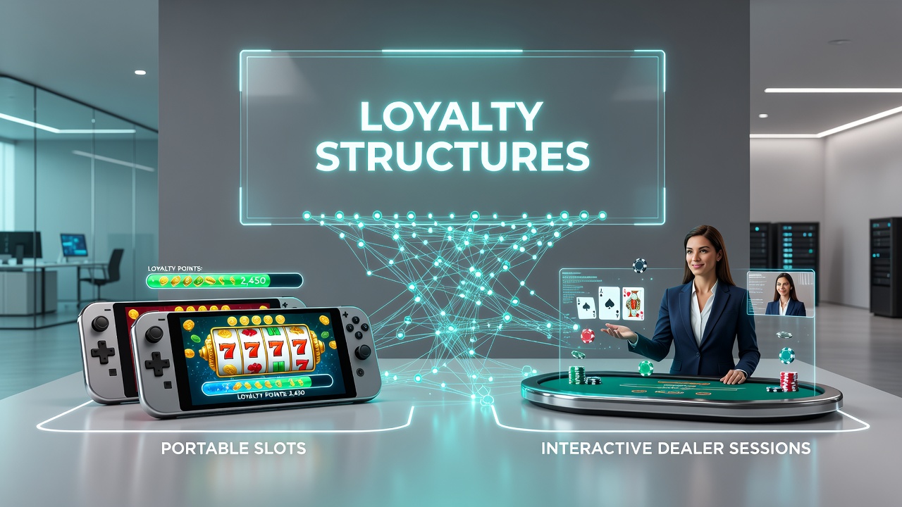 Split screen view of loyalty dashboard connecting mobile slots on left with live dealer table on right