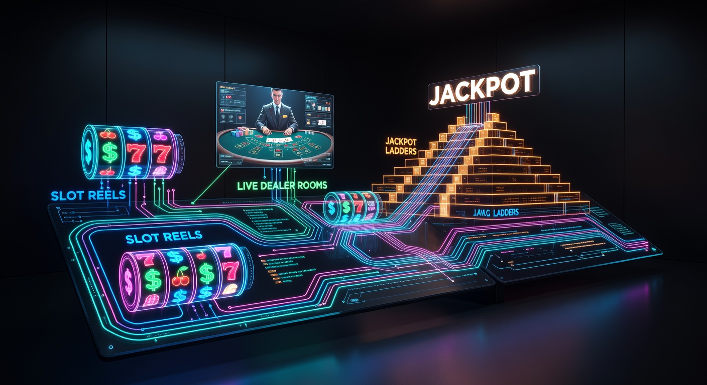 Digital jackpot ladder illuminated by neon lights, with cash flows ascending through slot symbols and live dealer cards toward a glowing top prize