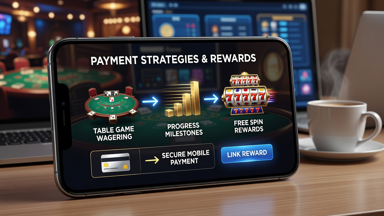 Close-up of mobile screen displaying linked free spins converting into table game progression bonuses