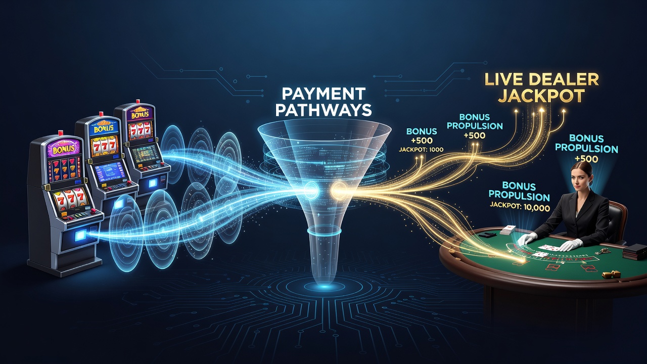 Flowchart illustrating bonus movement from mobile slots through payment systems into live dealer jackpot chains