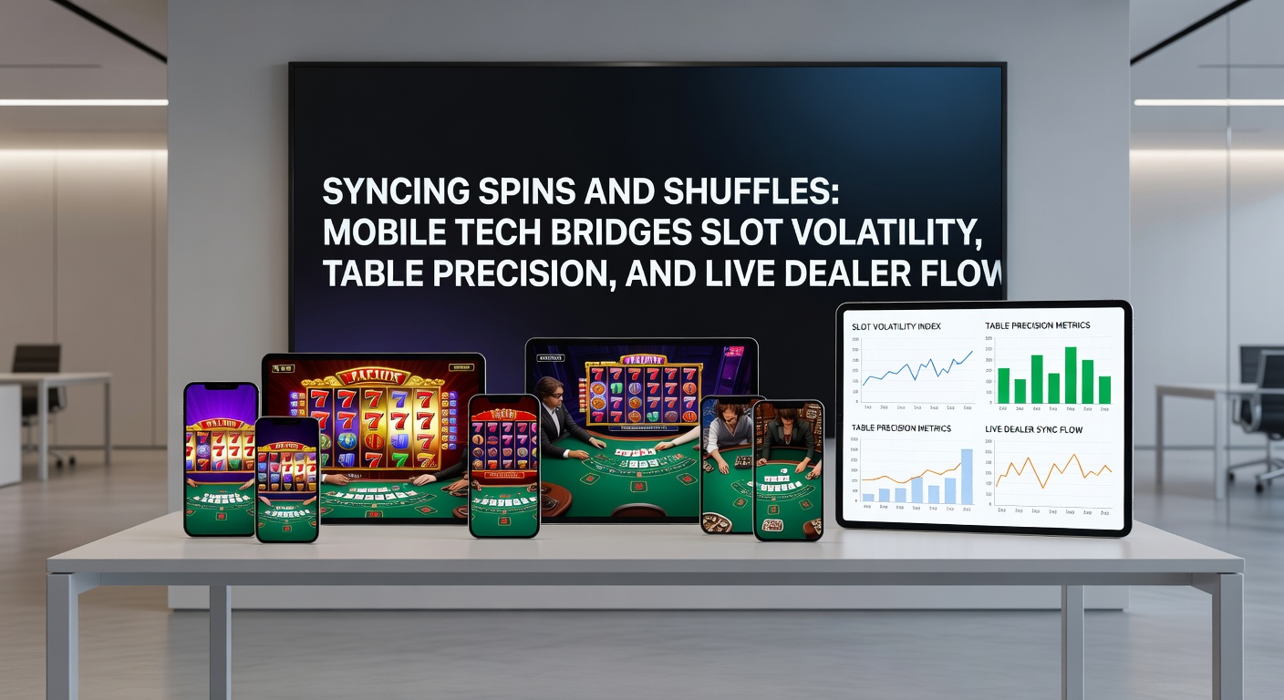 Split-screen mobile interface showing slot volatility meter alongside live dealer shuffling cards and table game stats
