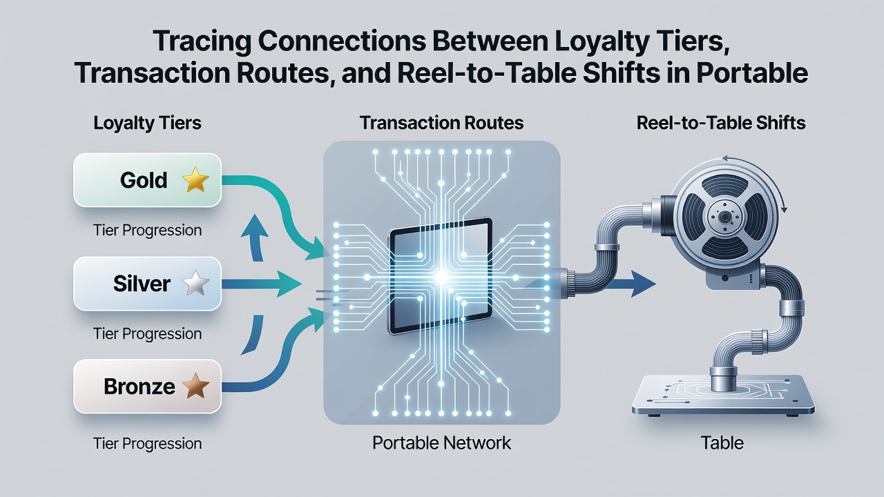 Illustration of mobile interface displaying transaction flow between slot reels and live table sections with loyalty indicators