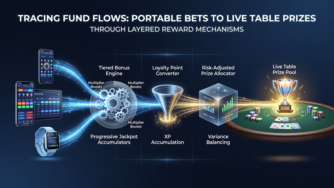 Diagram showing layered reward mechanisms connecting mobile bets to live table prizes
