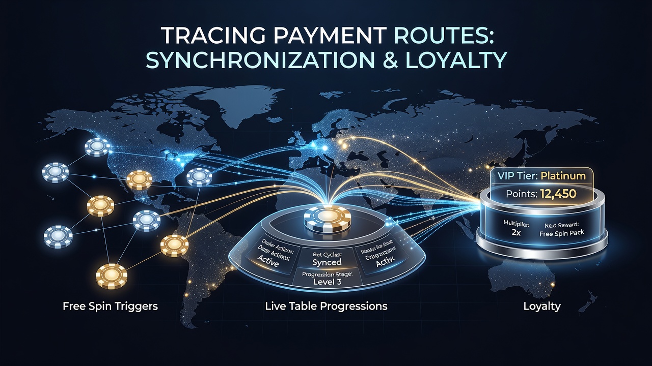Diagram showing synchronized casino reward pathways on handheld devices